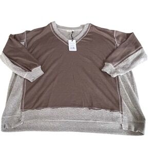Rhea & Thea Womens Oversized V-Neck Sweatshirt Brown Tan Mixed Media medium